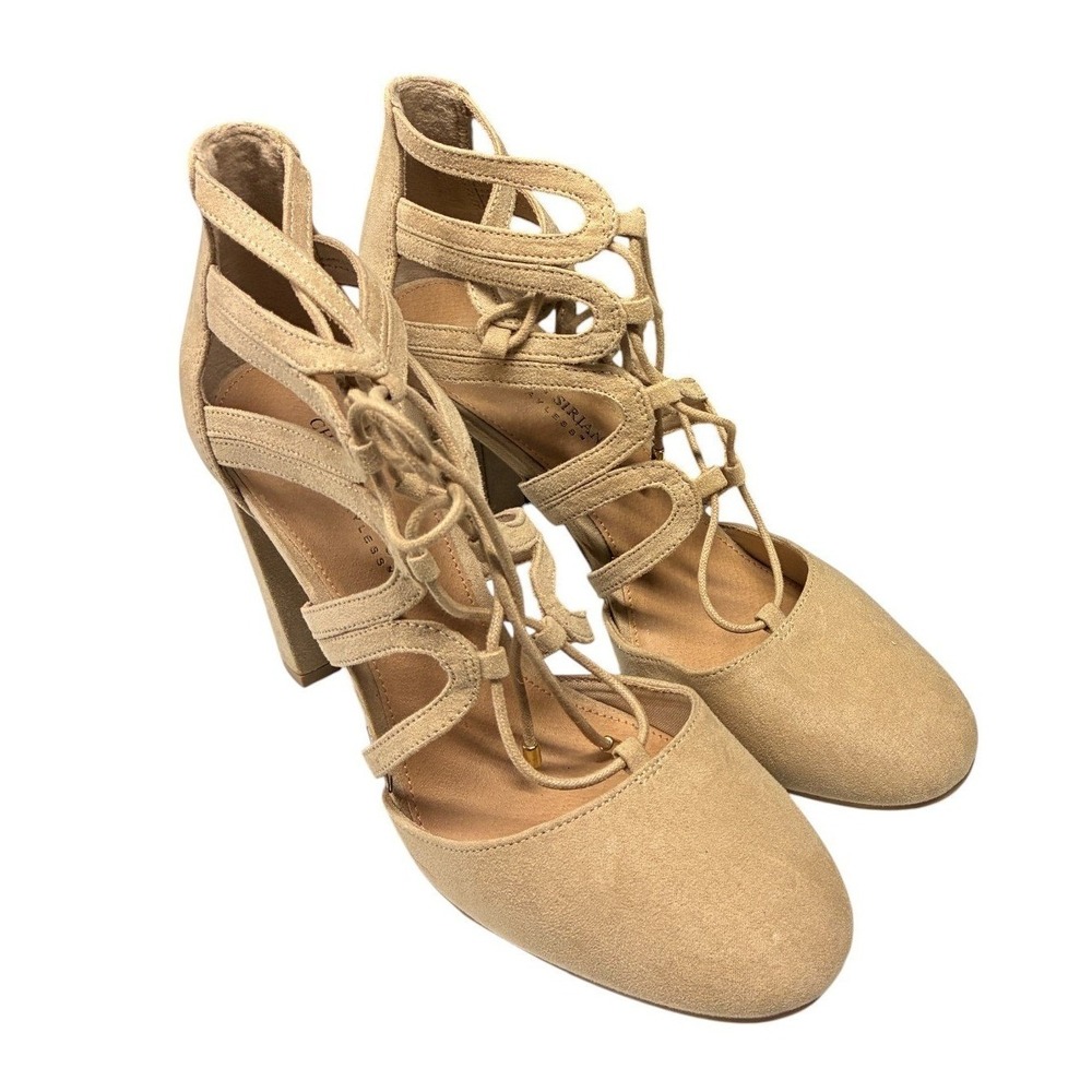 Christian Siriano Lace Up Cutout Block Heel Pumps Womens 9 Beige Party Sandal